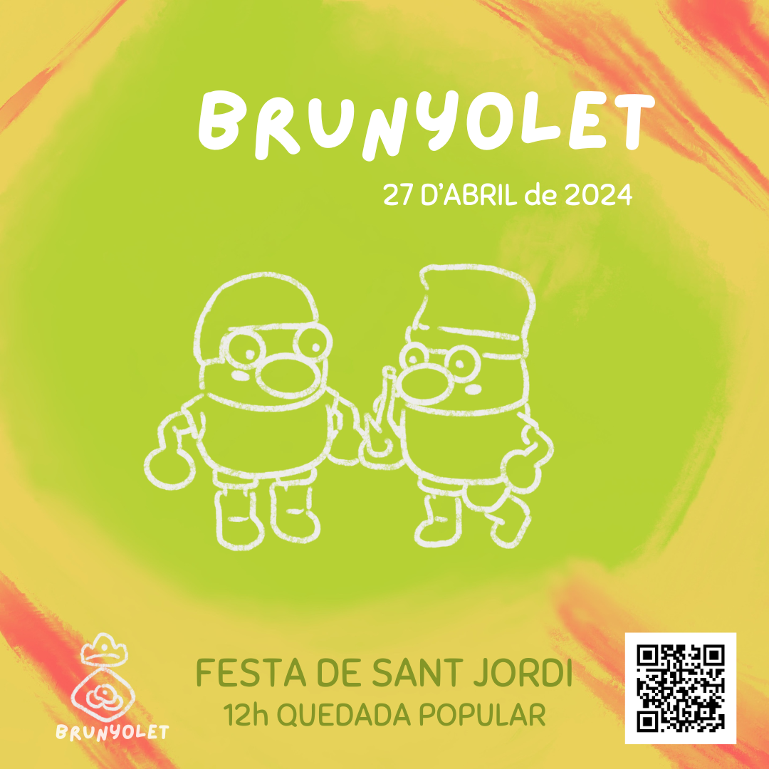 Cartell on es convida a tothom a la quedada popular del poble de Brunyolet. Té uns fons verds rodejat amb motius rojos i grocs que recorden a la bandera de Catalunya. En el mig, es veuen a dos vilatans, un amb els cabells de cassoleta i l'altre amb una barretina i sostenint un porró. El cartell diu 'Brunyolet, 27 d'abril de 2024, festa de Sant Jordi, 12 hores, quedada popular'. A l'esquerra es veu el logo de l'ajuntament de Brunyolet i a la dreta es veu un QR que condueix a la pàgina del videojoc Brunyols.